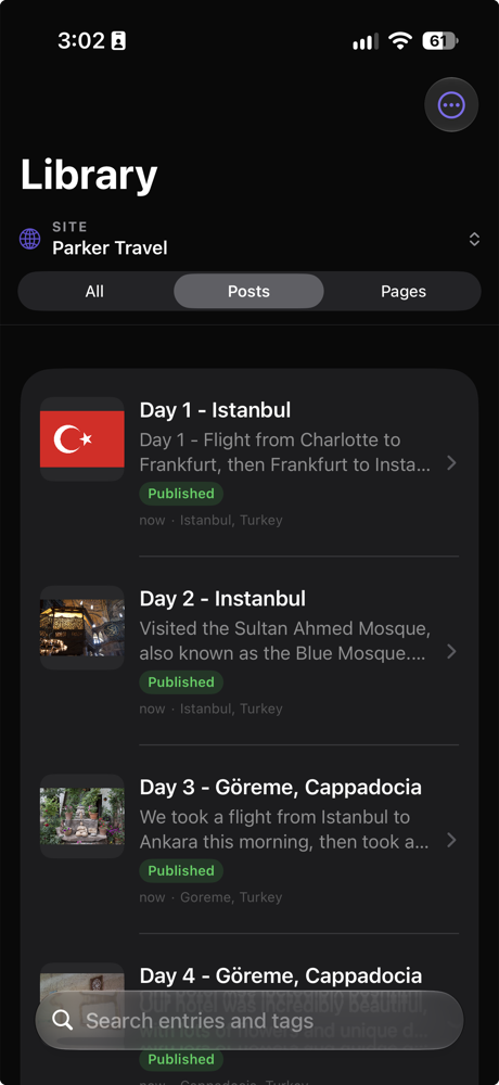 The Spectrapress Library on iPhone showing posts, featured images, dates, and tags